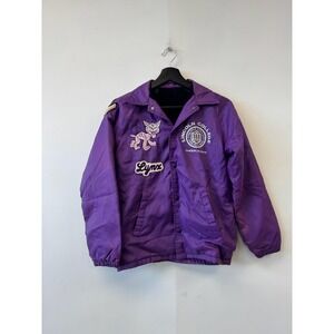 Vintage Lincoln College Cheerleader‎ Jacket Womens Medium Purple Cat Mascot Coat
